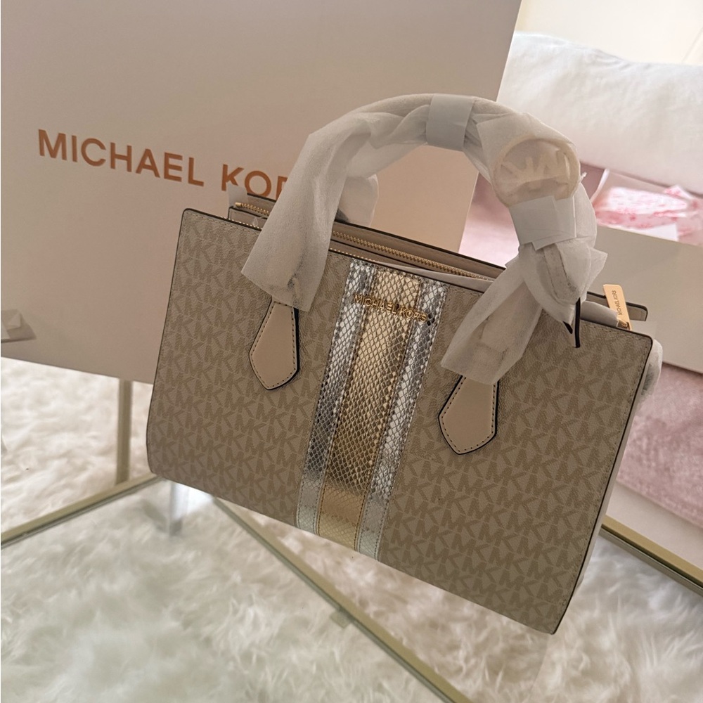 Michael Kors Beige Satchel with Gold and Silver Accents